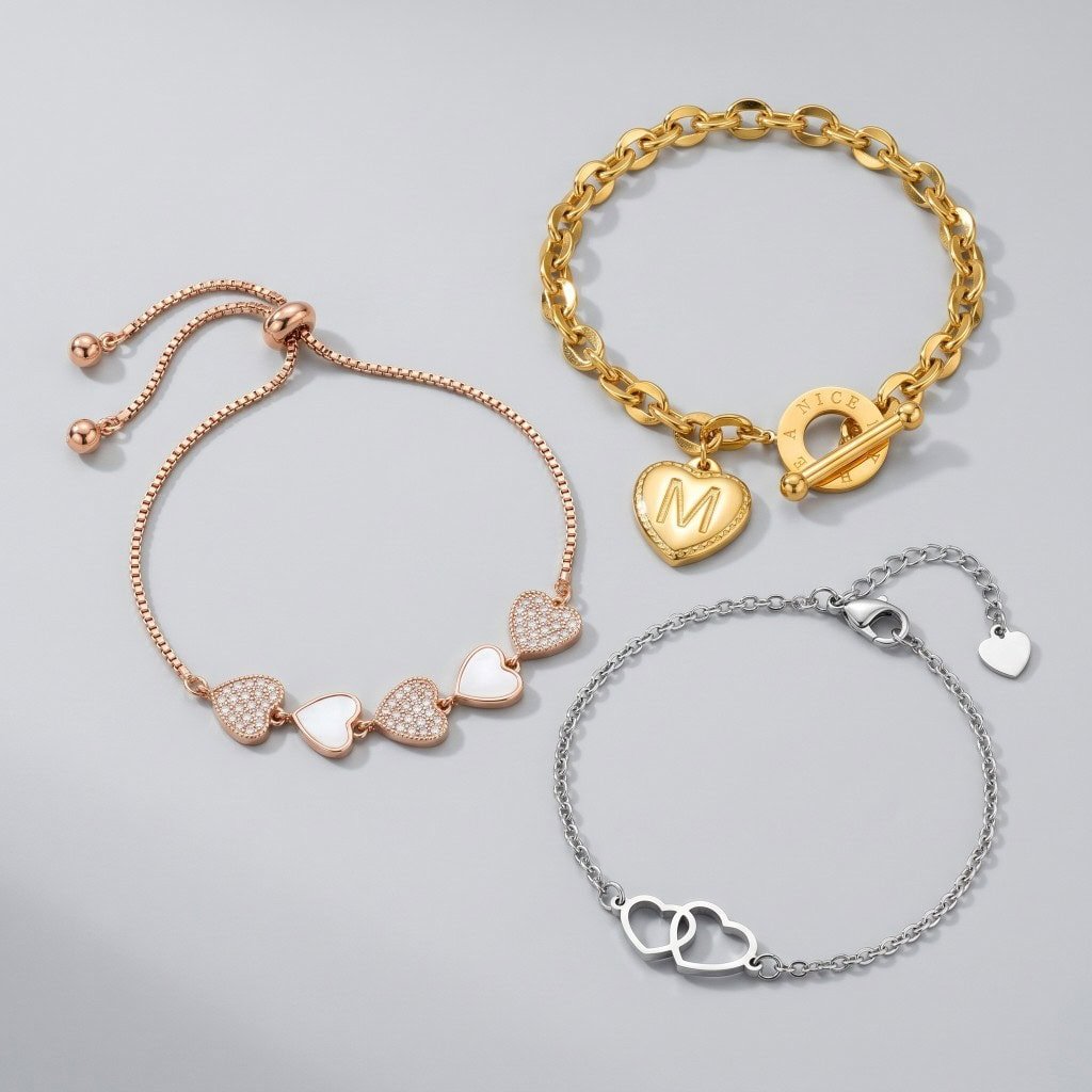 Heart charm chain bracelets in gold, rose gold, and silver finishes