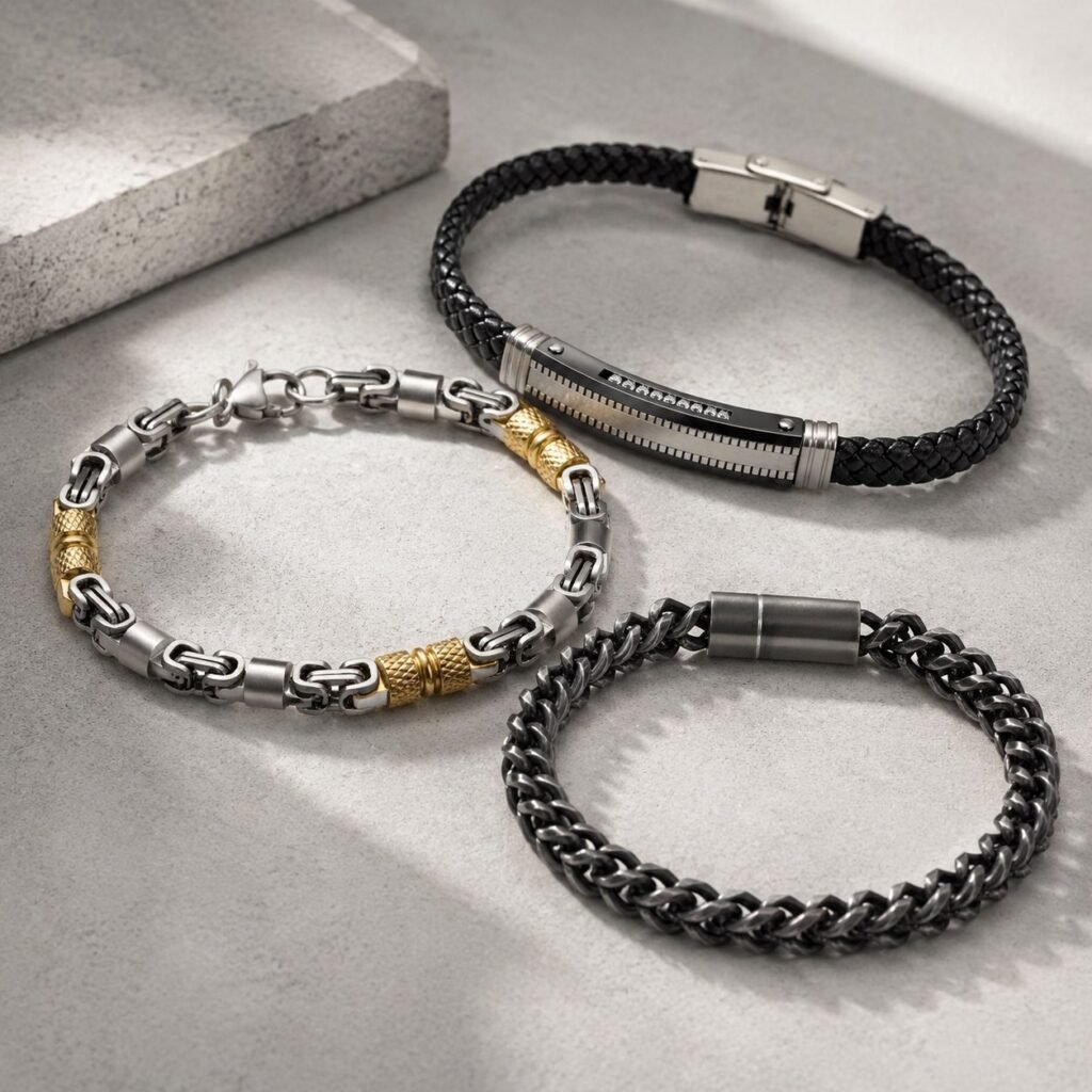Men's stainless steel chain and leather bracelets