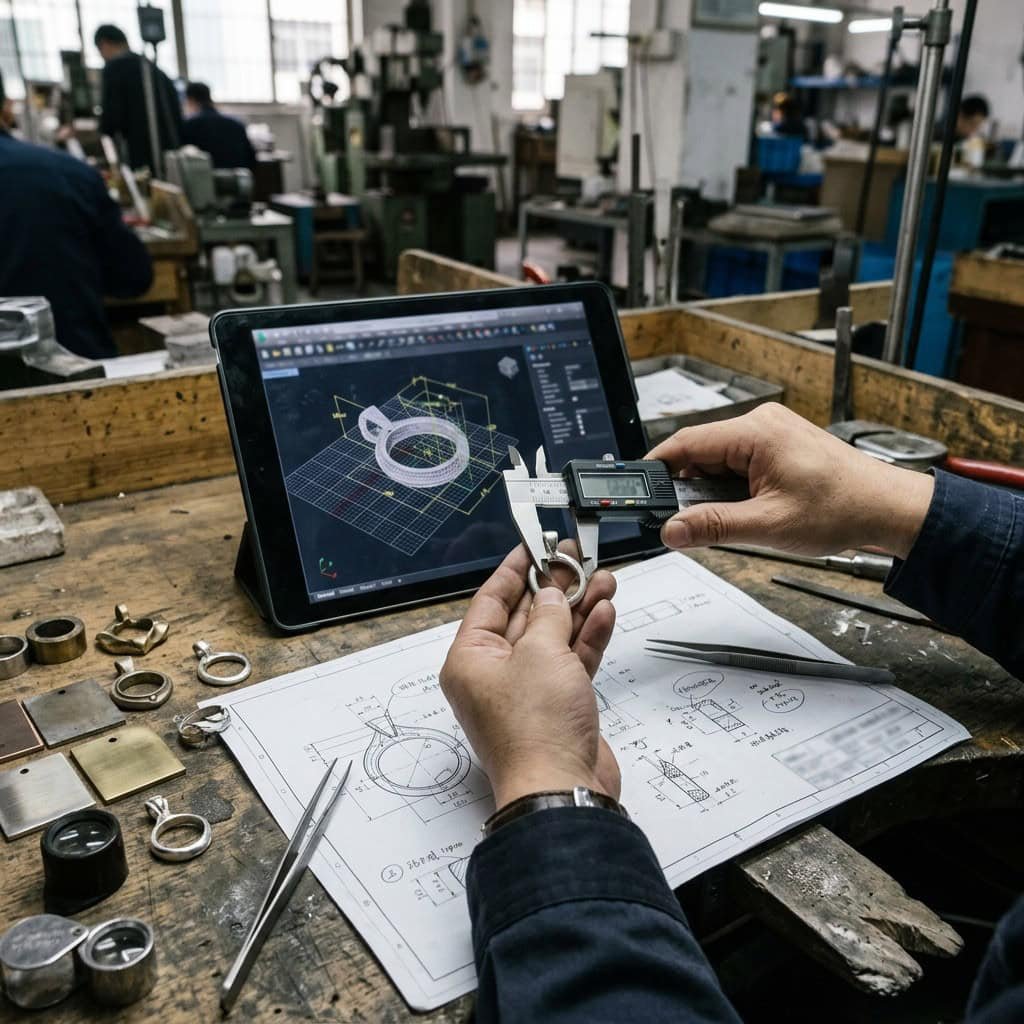 Jewelry CAD drawings reviewed with a production sample at a factory workbench