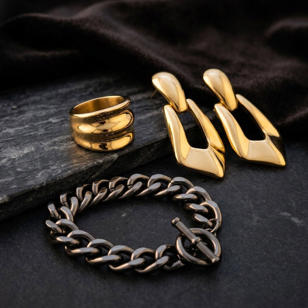 evening metallic jewelry product display