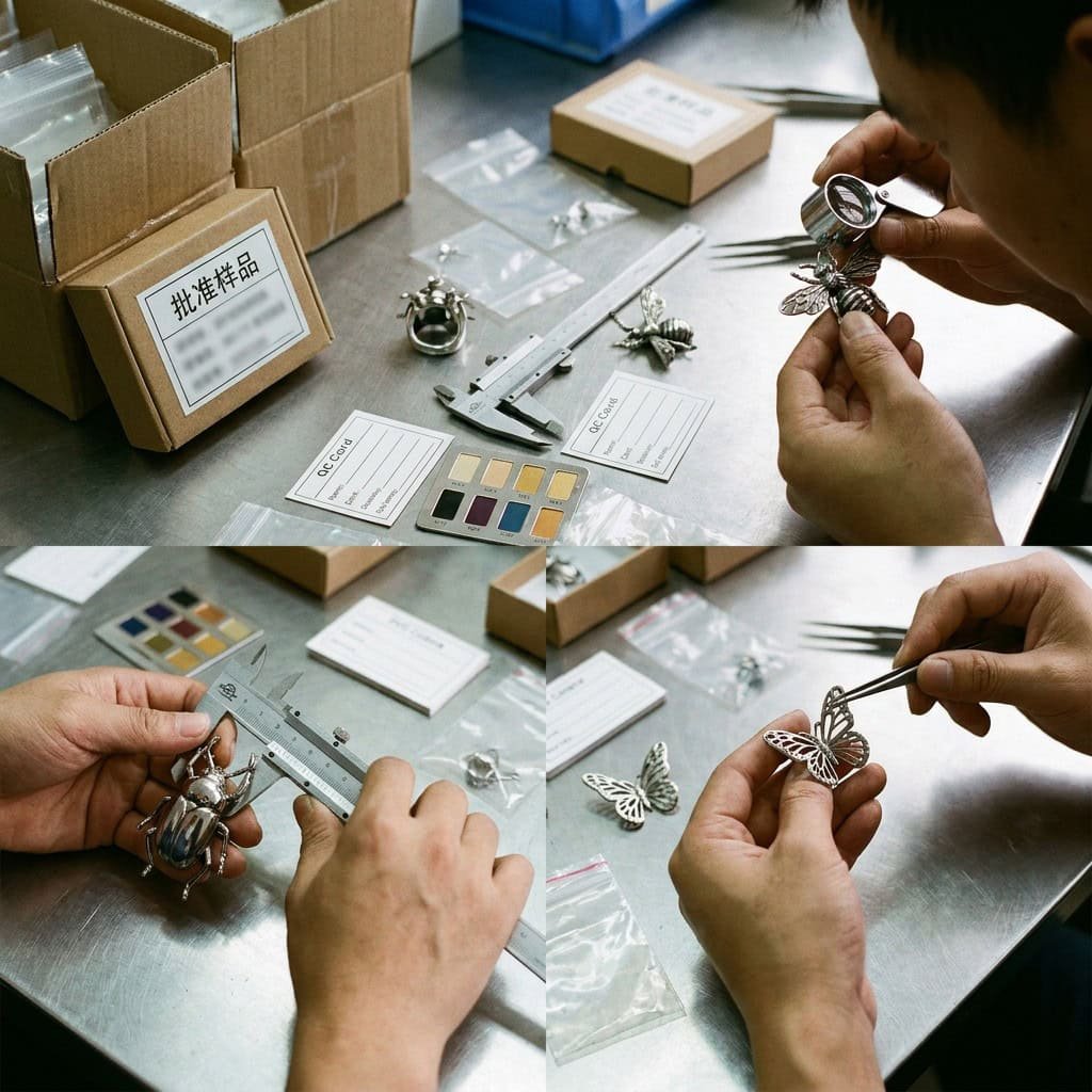 insect jewelry bulk qc shipment inspection table
