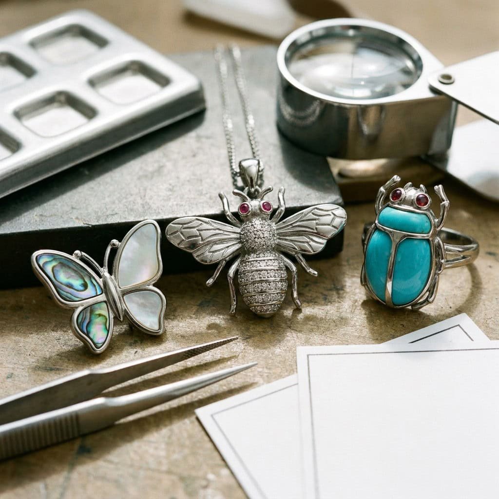 insect jewelry stone inlay detail display