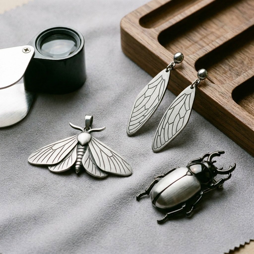 insect jewelry textured surface display
