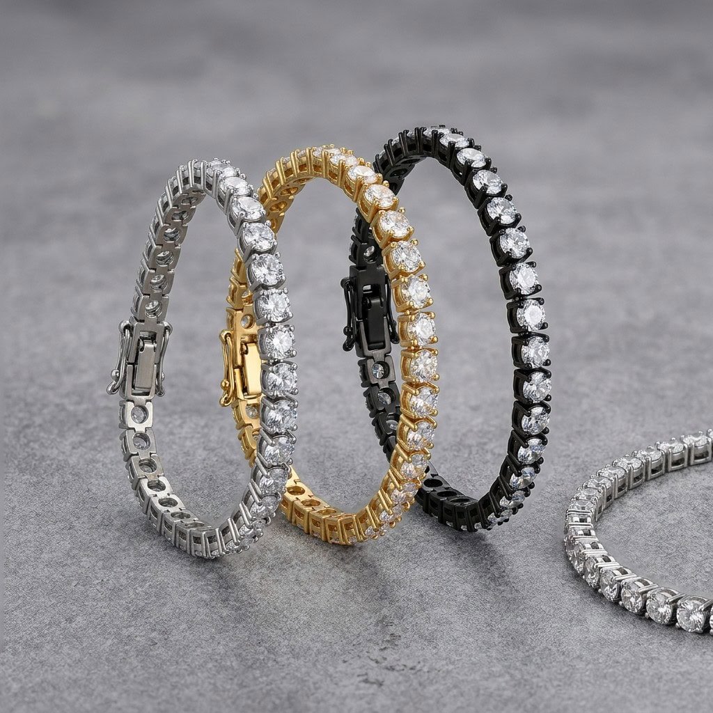 Matching tennis bracelets in silver, gold, and black finishes