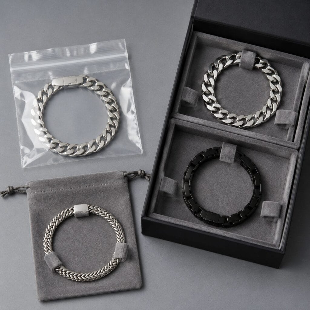 Men's bracelet sets packed in retail pouches and boxes