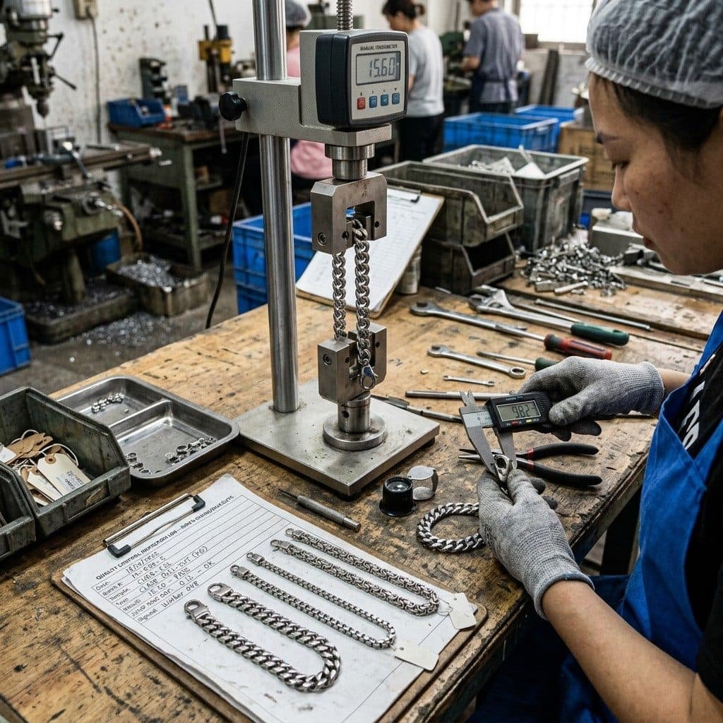 Technician checking chain and bracelet components at a jewelry workbench