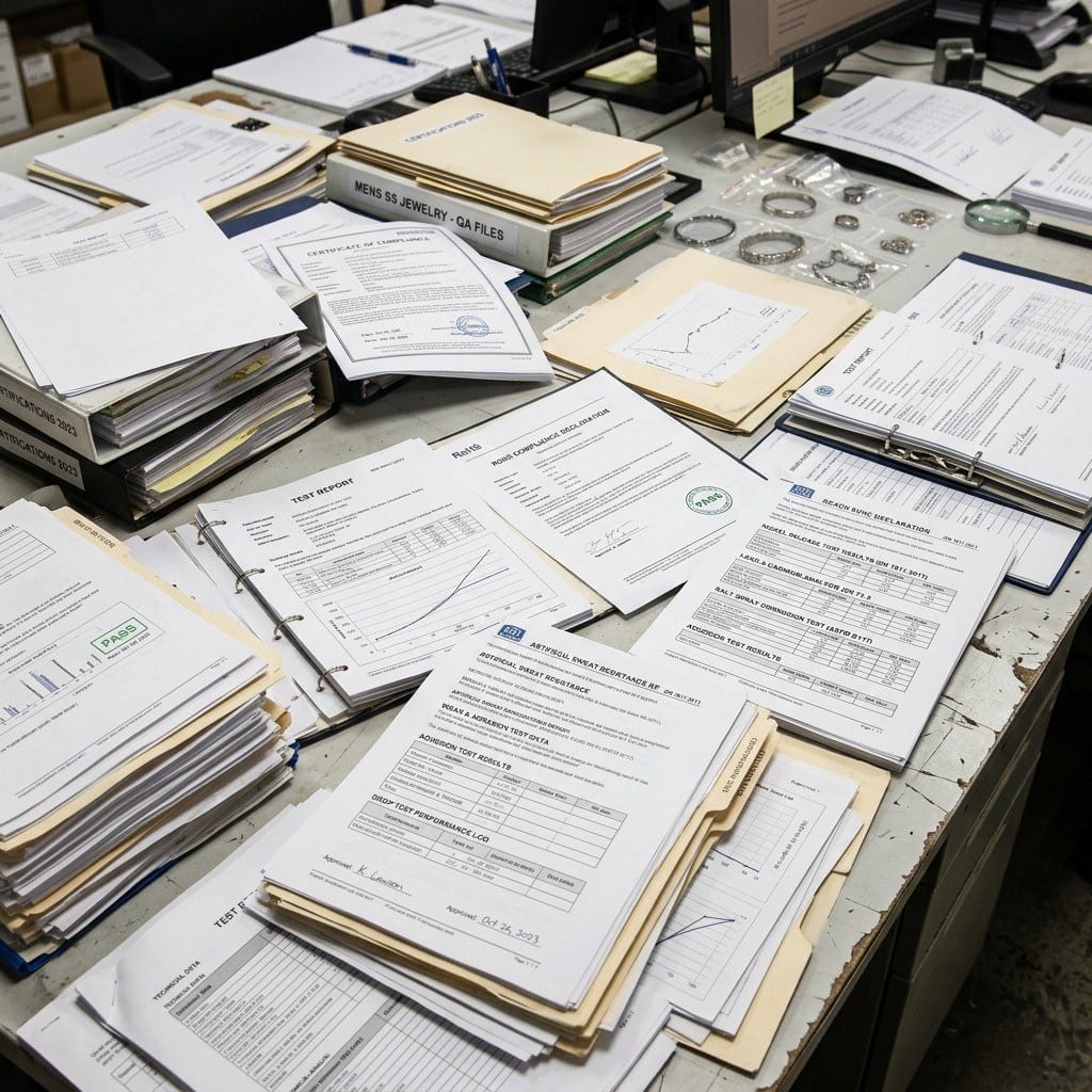 Jewelry compliance test reports and quality assurance files reviewed with bracelet samples