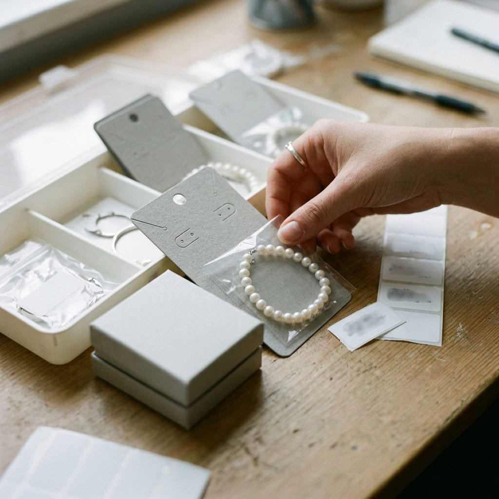 pearl jewelry label check packaging table