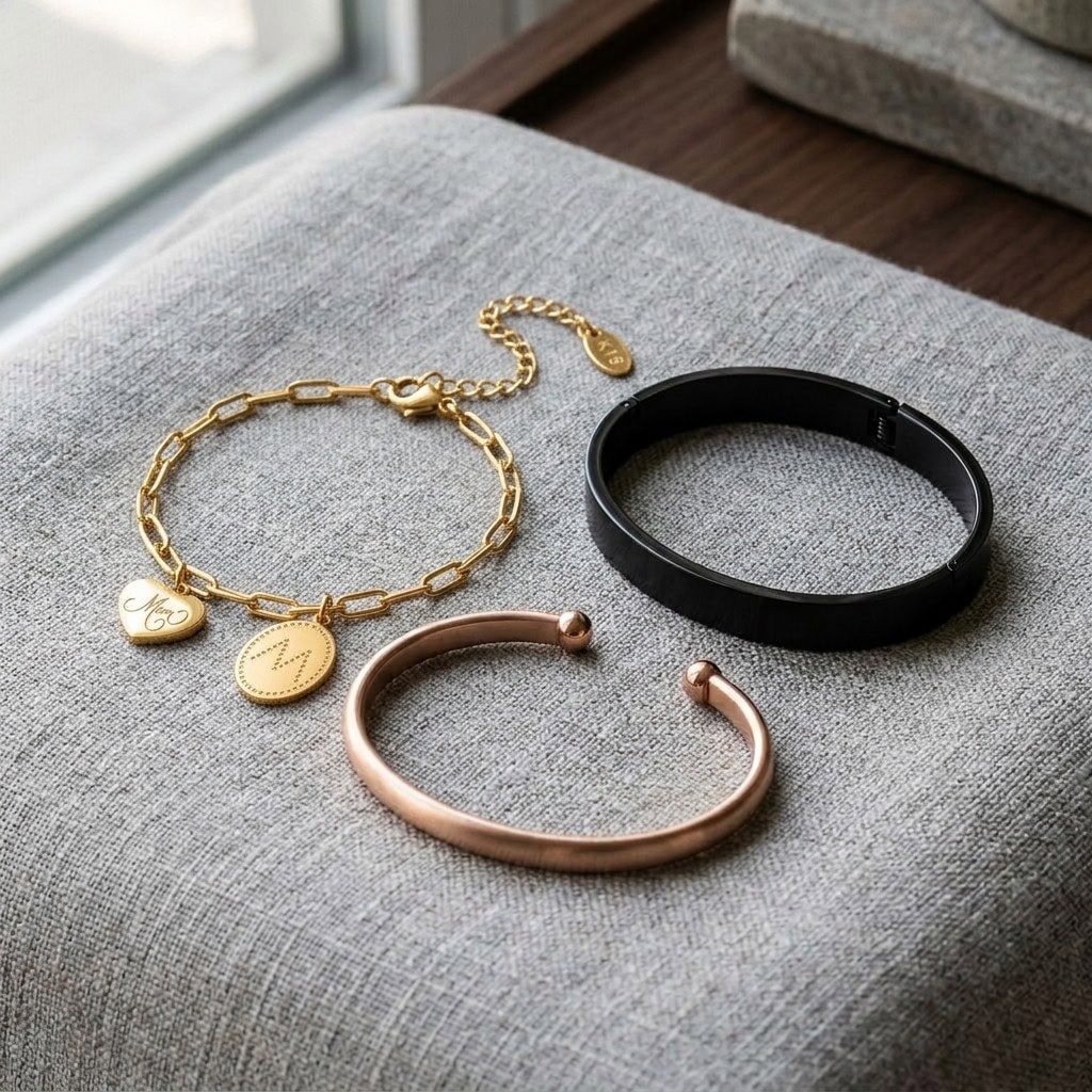 PVD bracelets and bangles in gold, rose gold, black, and steel finishes