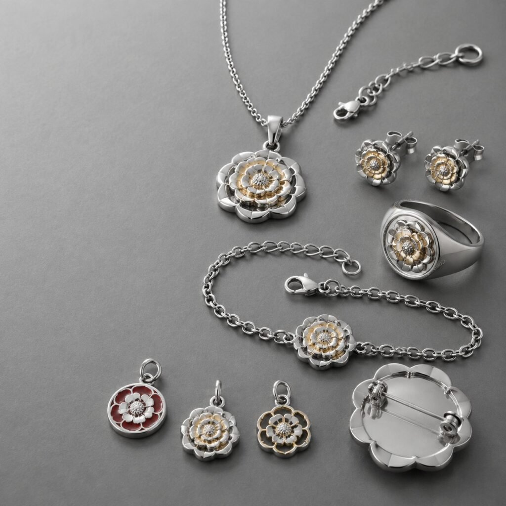 Original stainless steel Tudor Rose jewelry collection on a sample bench