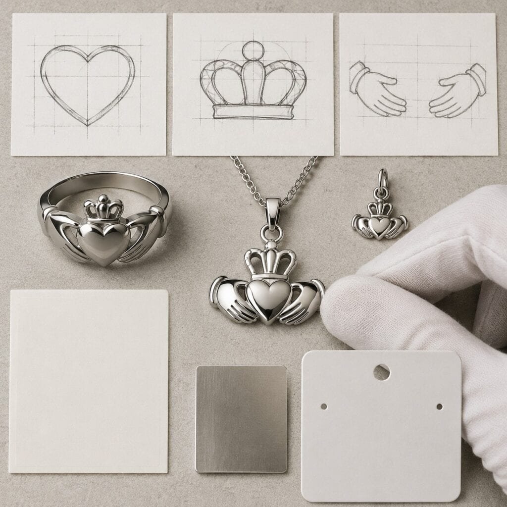Claddagh ring pendant and charm concepts on a cultural design review table
