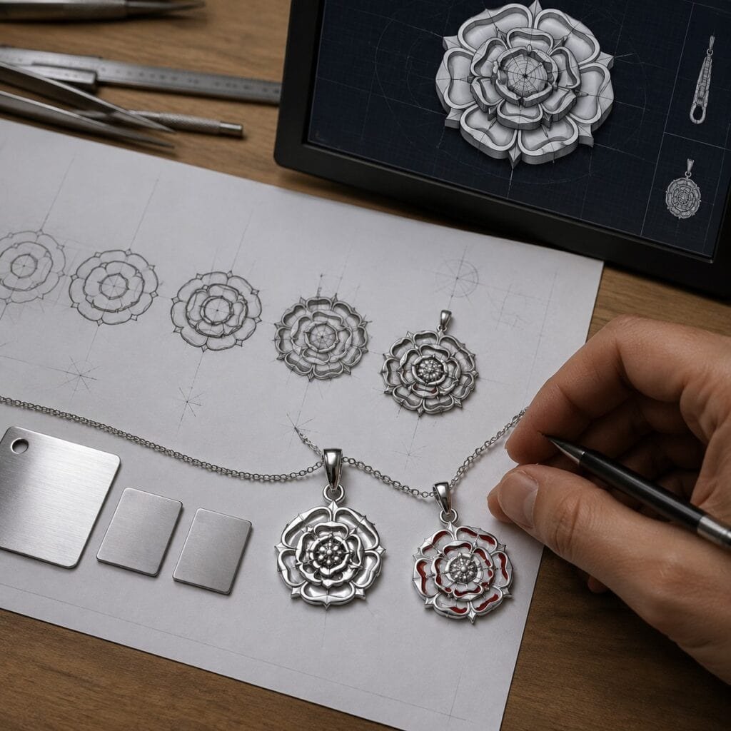 Original rose jewelry concepts compared with CAD and stainless steel prototypes