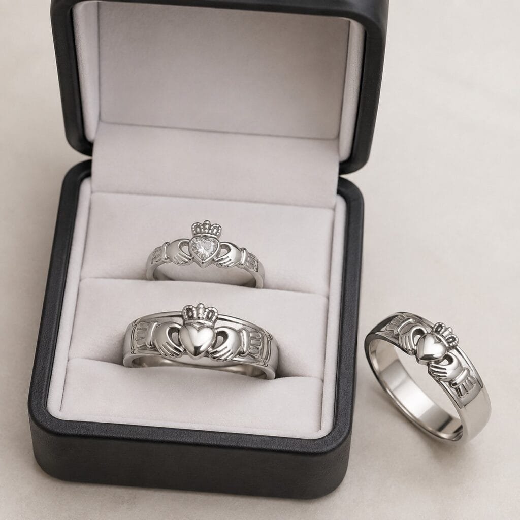 Paired stainless steel Claddagh promise rings in an unbranded gift box
