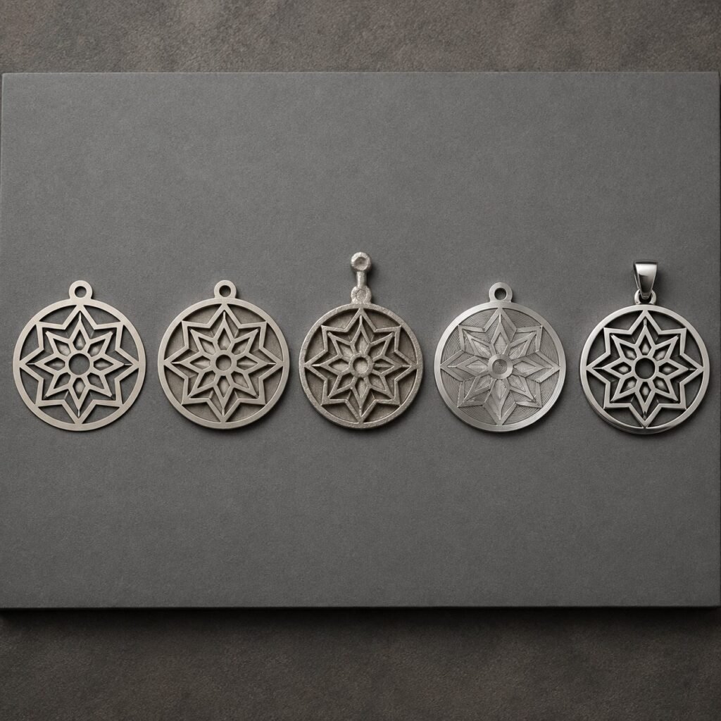Mandala pendant samples comparing laser cutting stamping casting CNC and polished finishes