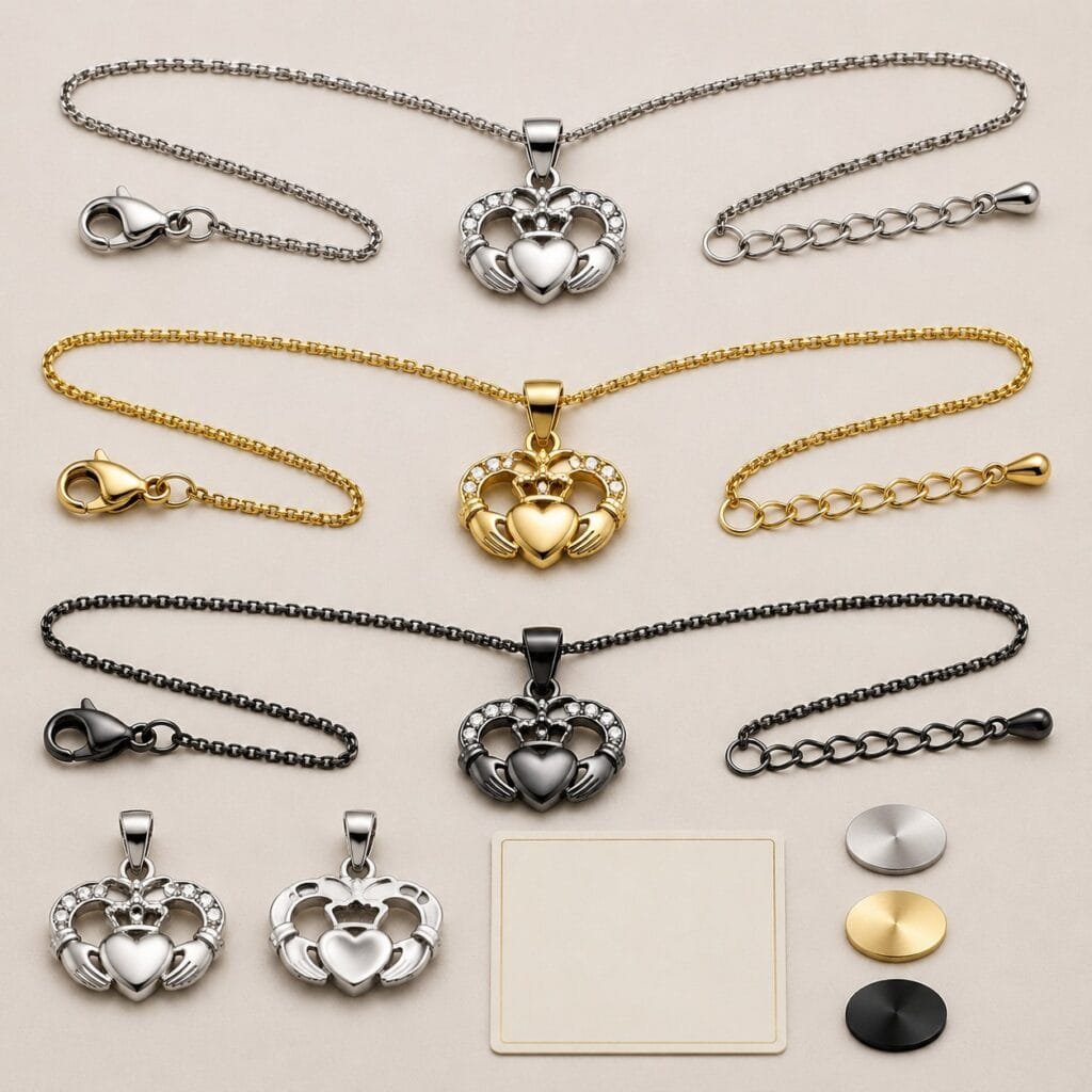 Three Claddagh pendant necklaces with complete jewelry-scale chain closures
