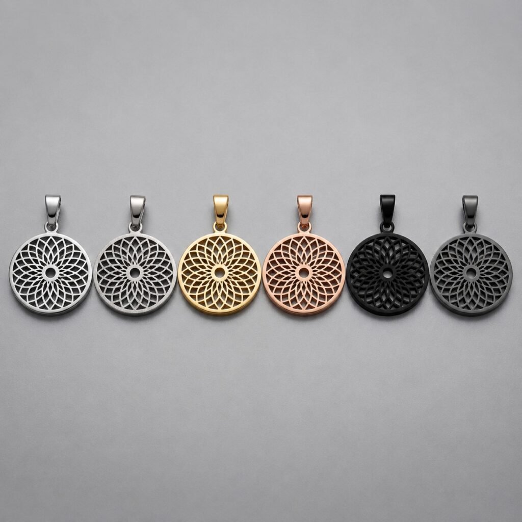 Stainless steel mandala pendants in polished brushed gold rose gold black and gunmetal finishes