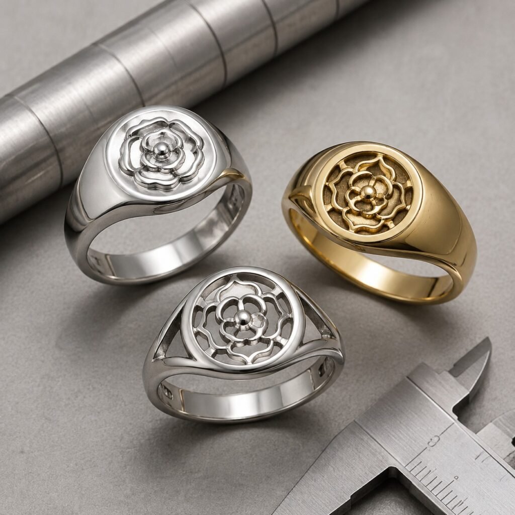 Three wearable stainless steel rose signet and engraved ring designs