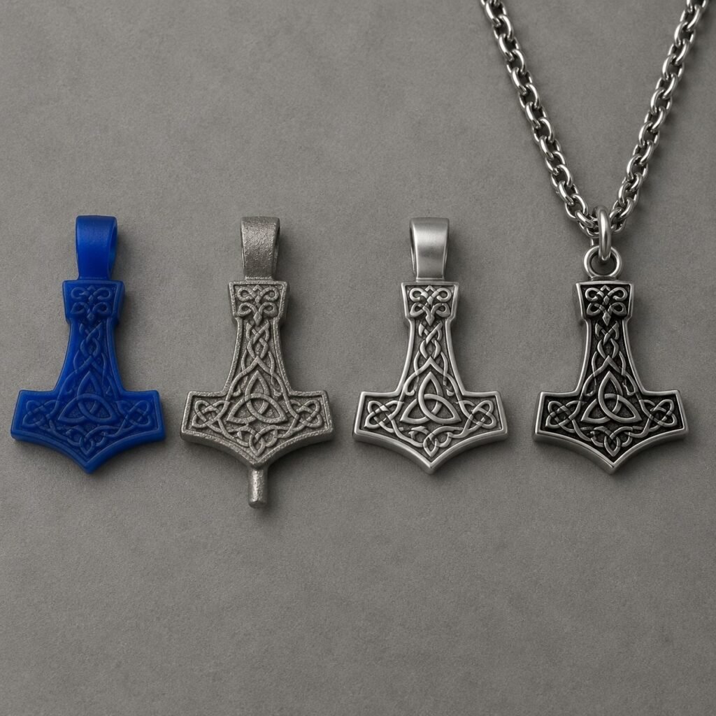 Four manufacturing stages of a stainless steel Viking pendant