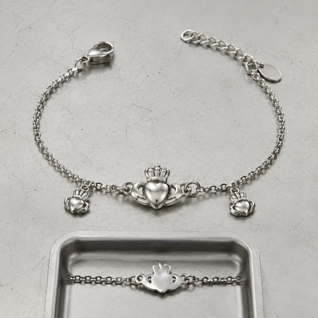 Stainless steel Claddagh bracelet with lobster clasp and extension chain