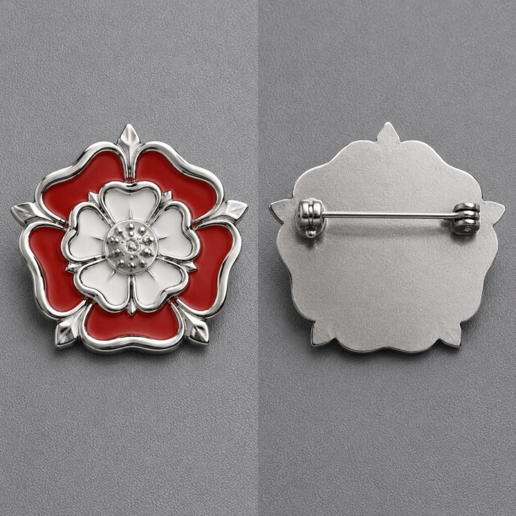 Layered rose brooch showing its functional pin and safety catch