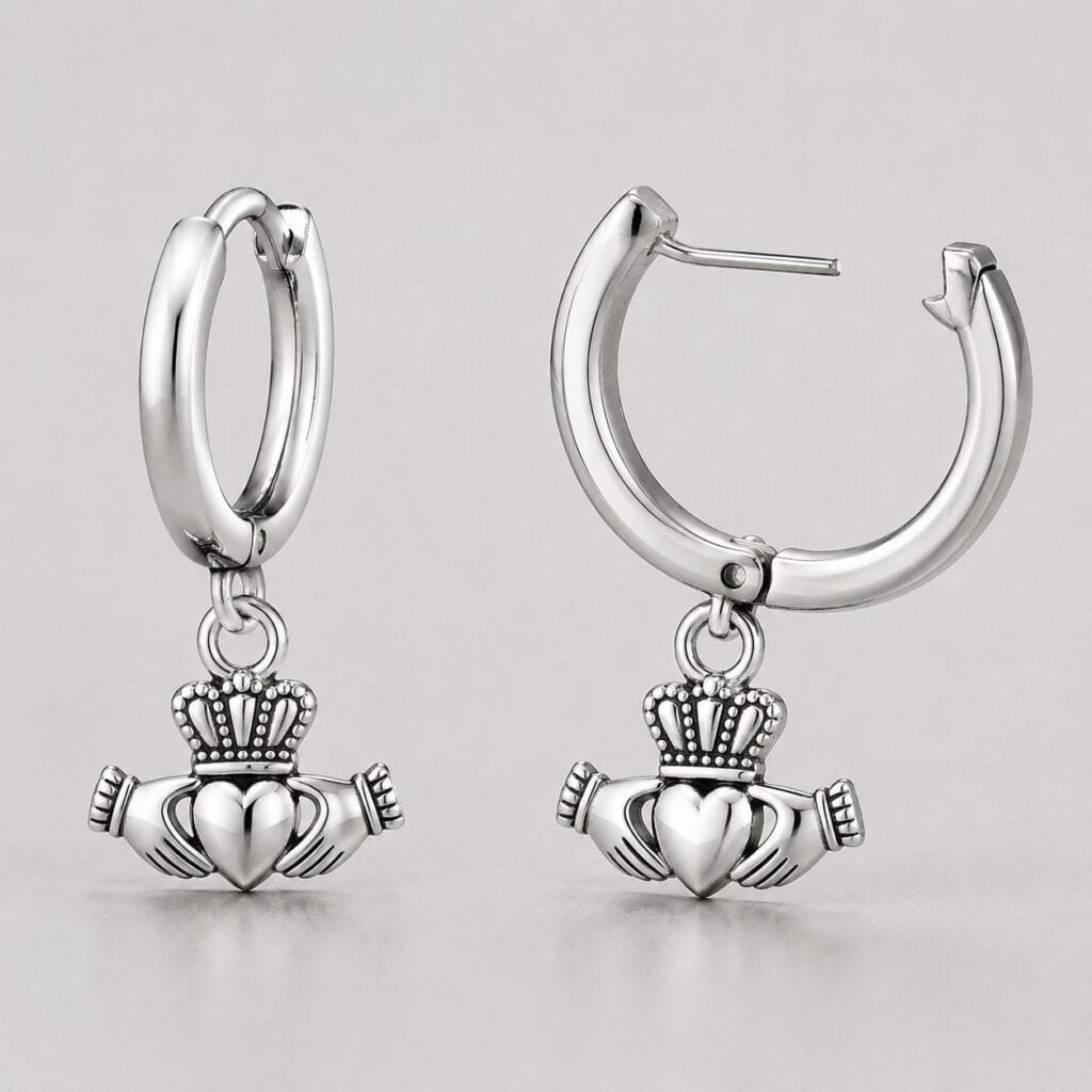 Claddagh huggie drop earrings showing functional hinge and latch structure