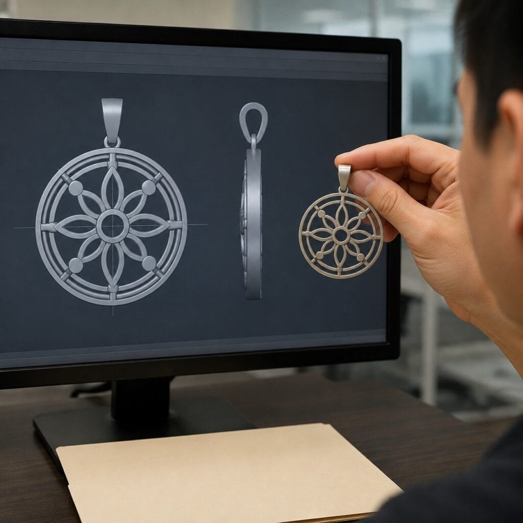 Jewelry engineer comparing stainless steel mandala pendant CAD and prototype