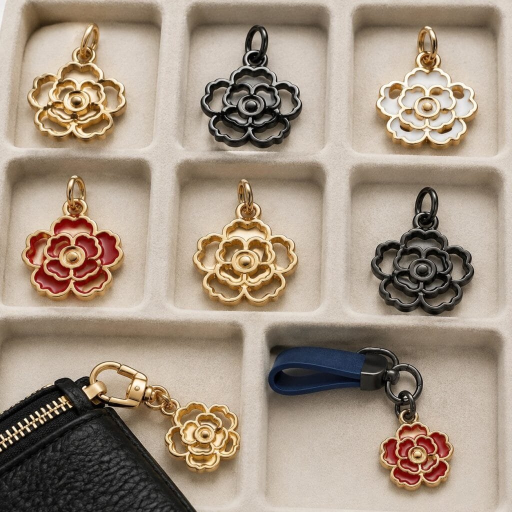 Stainless steel rose charms and accessories with secure attachment hardware