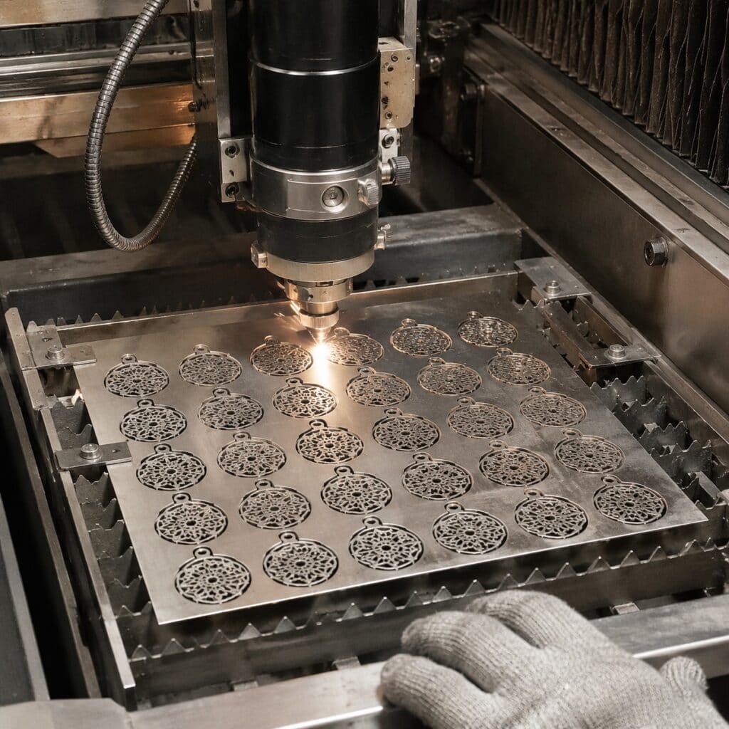 Fiber laser cutting stainless steel mandala pendant blanks in a jewelry factory