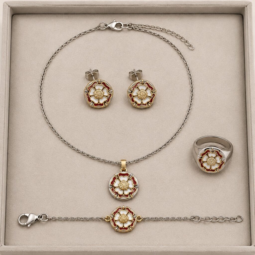 Coordinated rose necklace earrings ring and bracelet in a sample tray