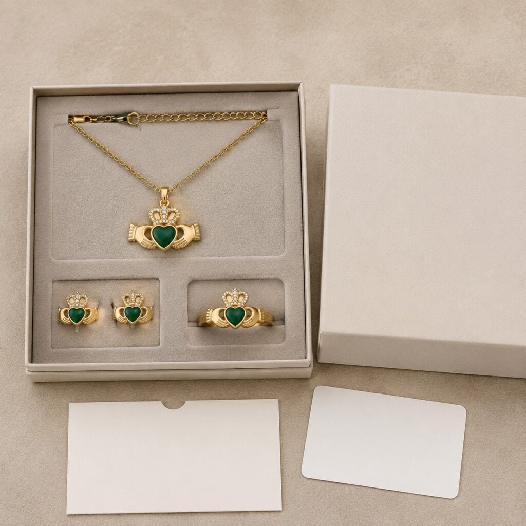 Coordinated stainless steel Claddagh necklace ring and earrings gift set