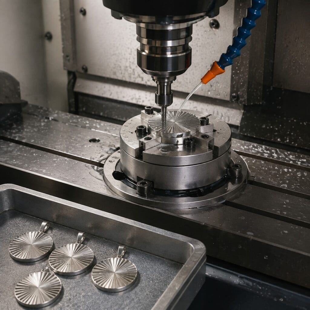 CNC machining radial grooves in a stainless steel mandala pendant fixture