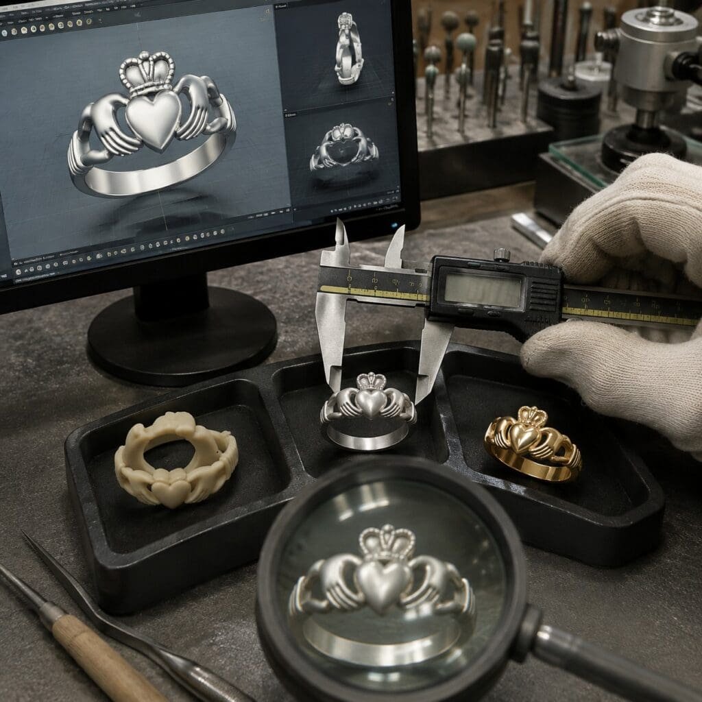 Claddagh ring prototypes under CAD dimensional and manufacturability review