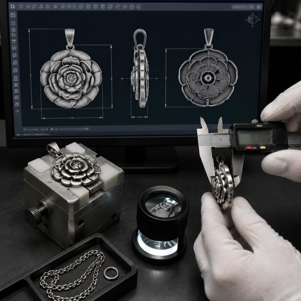Rose pendant prototype under CAD dimensional and manufacturability review