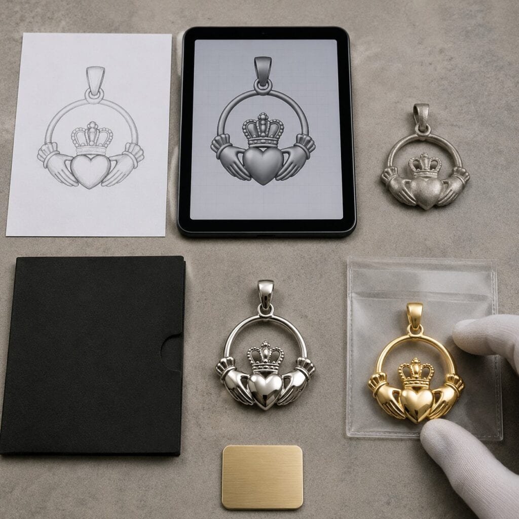 Claddagh pendant development stages from sketch and CAD to approved sample