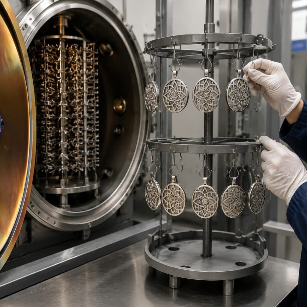 Stainless steel mandala pendants loaded on a rack for PVD vacuum coating