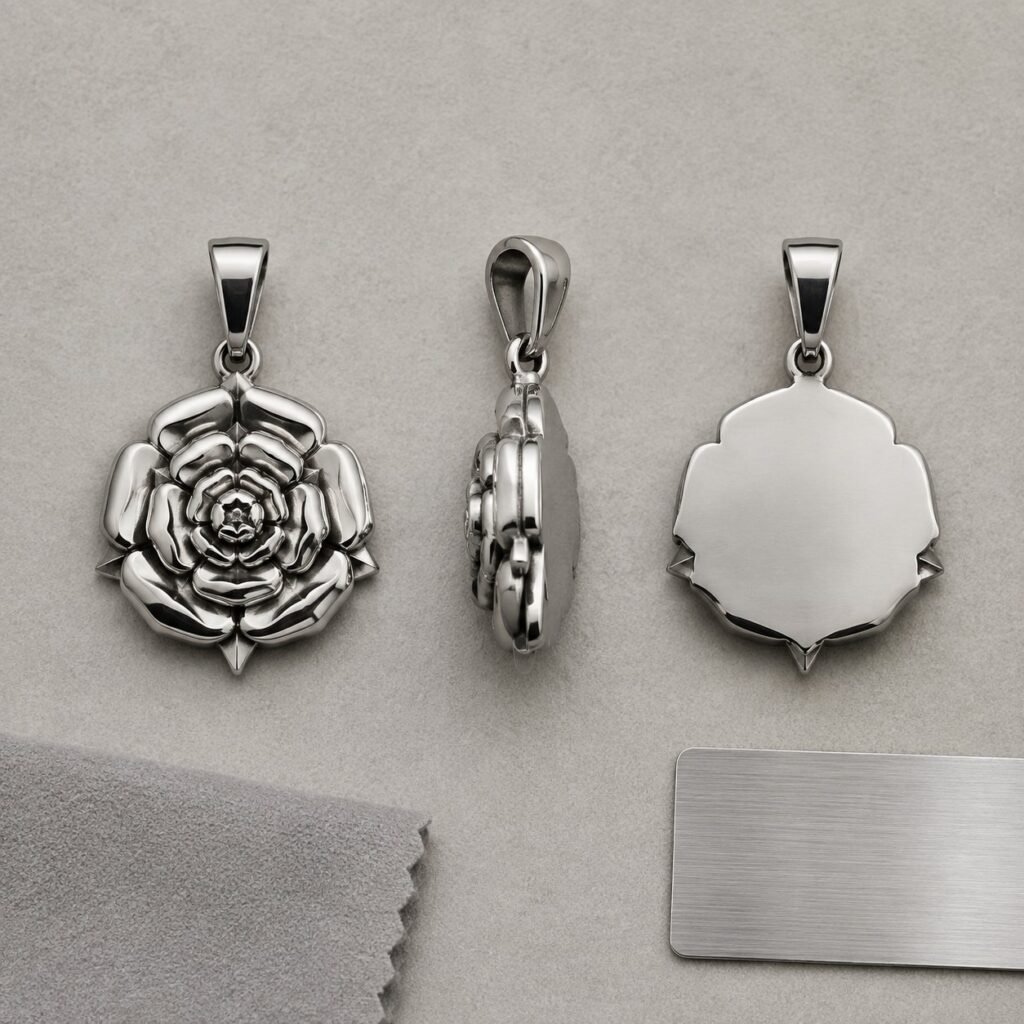 Polished bare steel rose pendants under consistent finish lighting