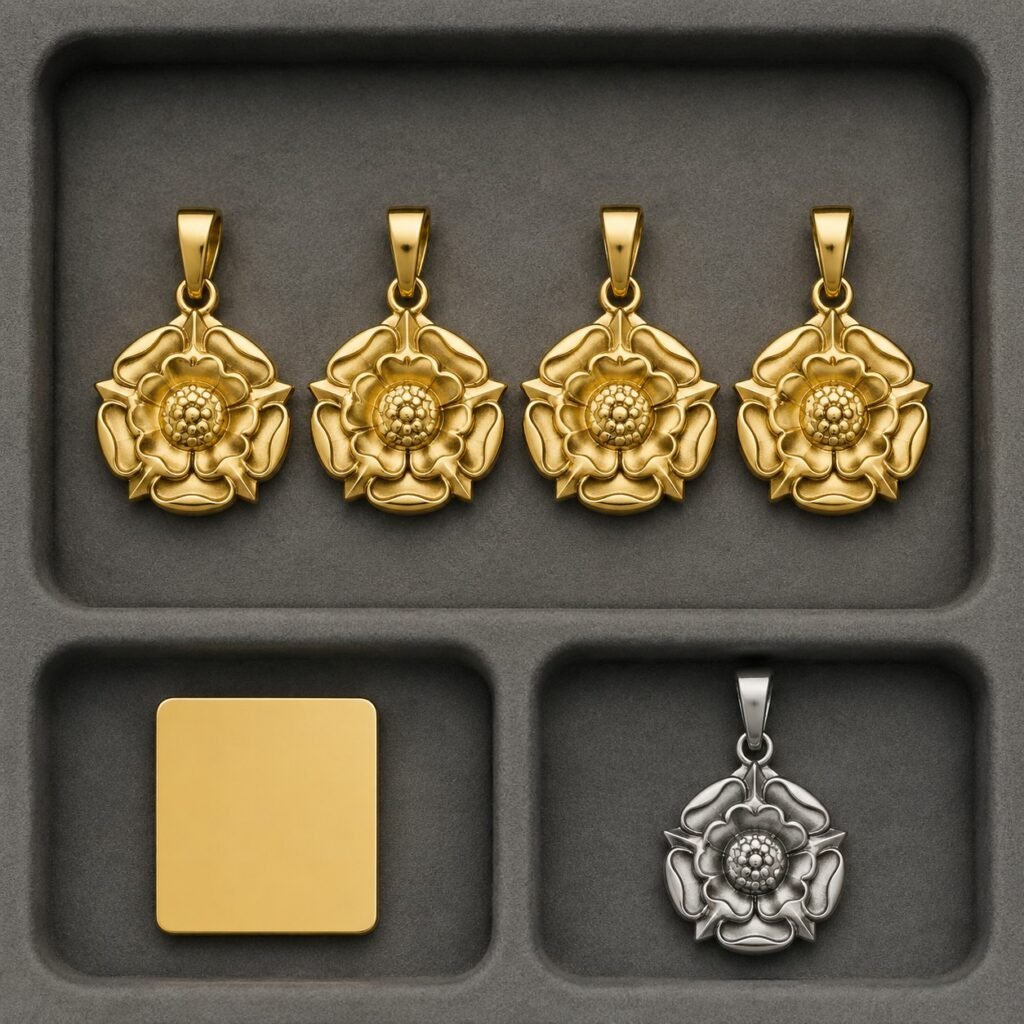 Warm gold PVD rose pendants arranged for color approval