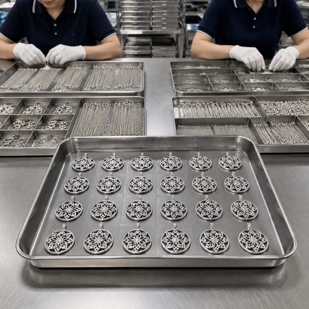 Stainless steel mandala pendants organized in batch trays for bulk production