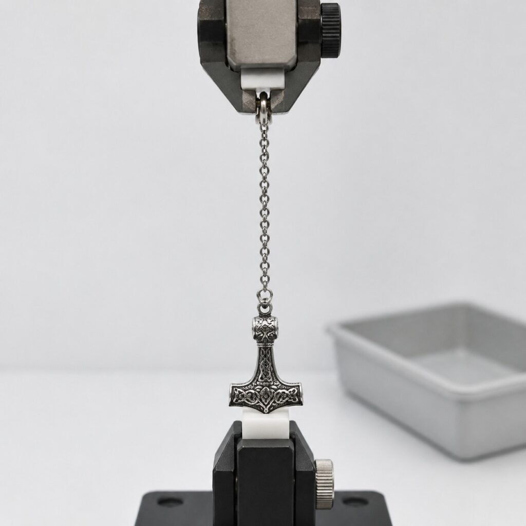Pull testing a Viking pendant chain jump ring and bail connection
