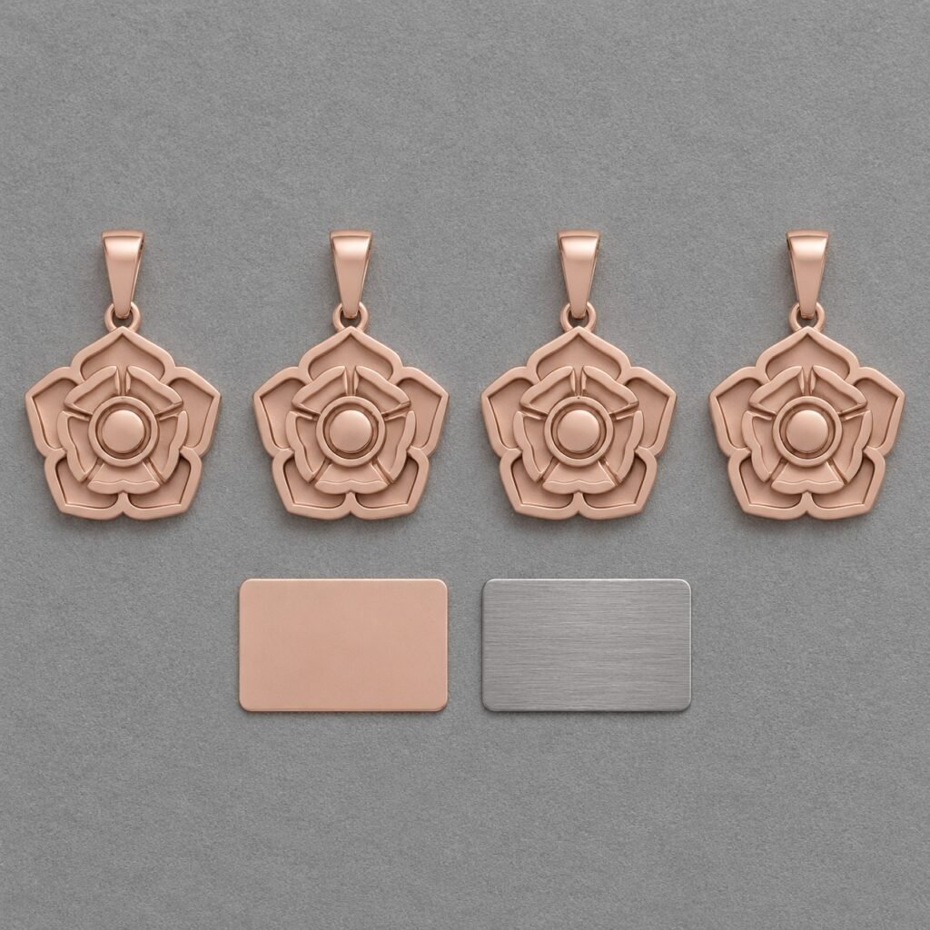 Rose gold PVD rose pendants compared under neutral sample lighting