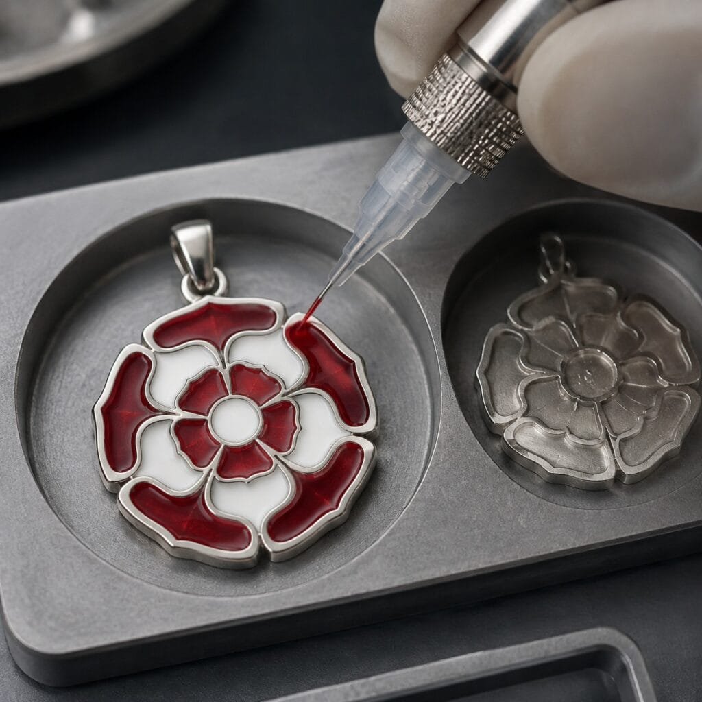 Red and white recessed fill applied to a steel rose pendant