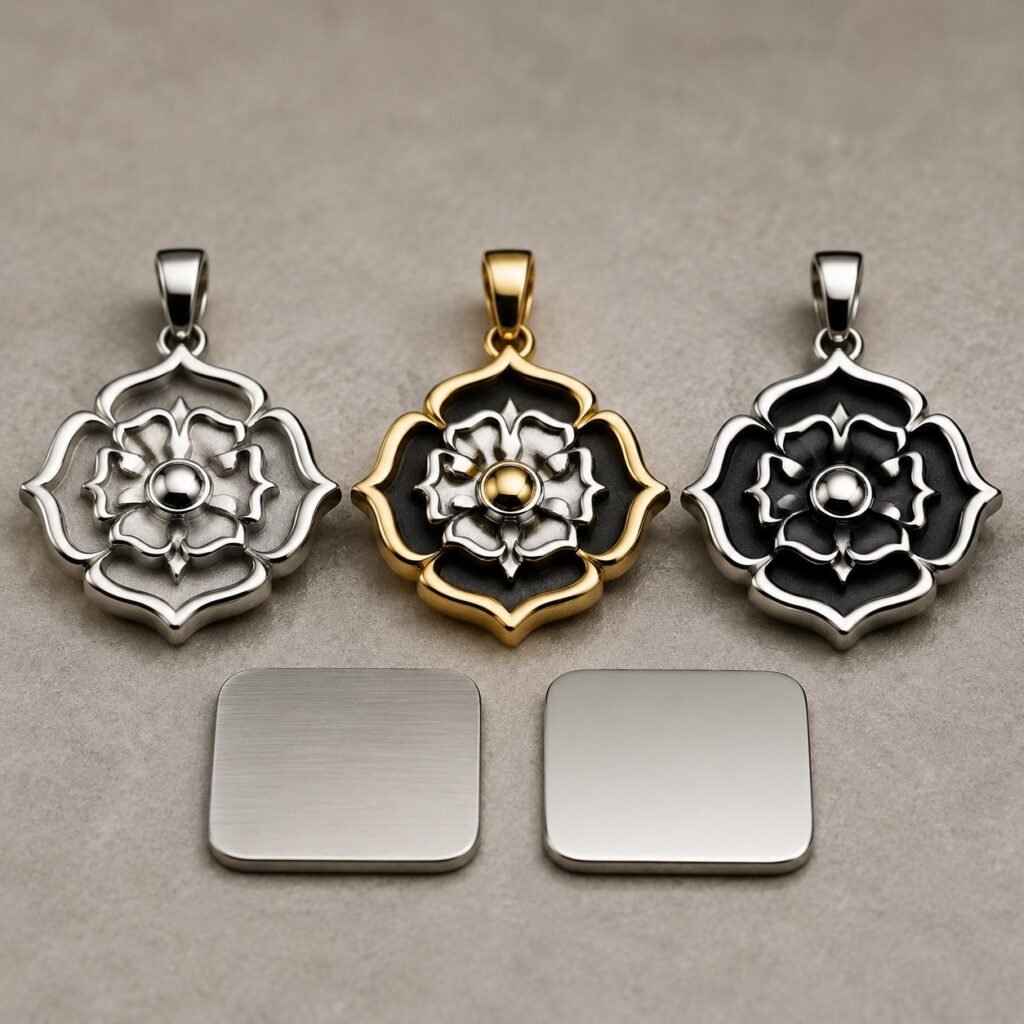 Three rose pendants comparing controlled two-tone surface treatments