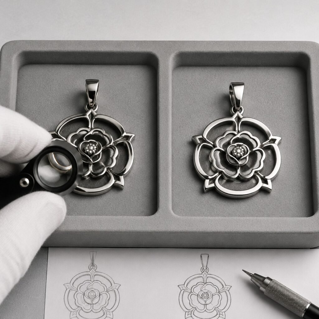 Rose pendant prototypes compared before and after manufacturability corrections