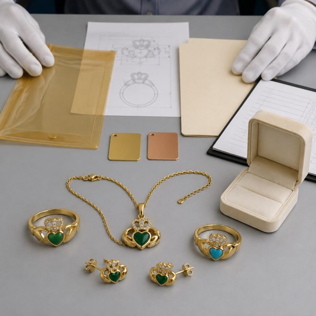 Claddagh jewelry samples packaging and specification files prepared for production release