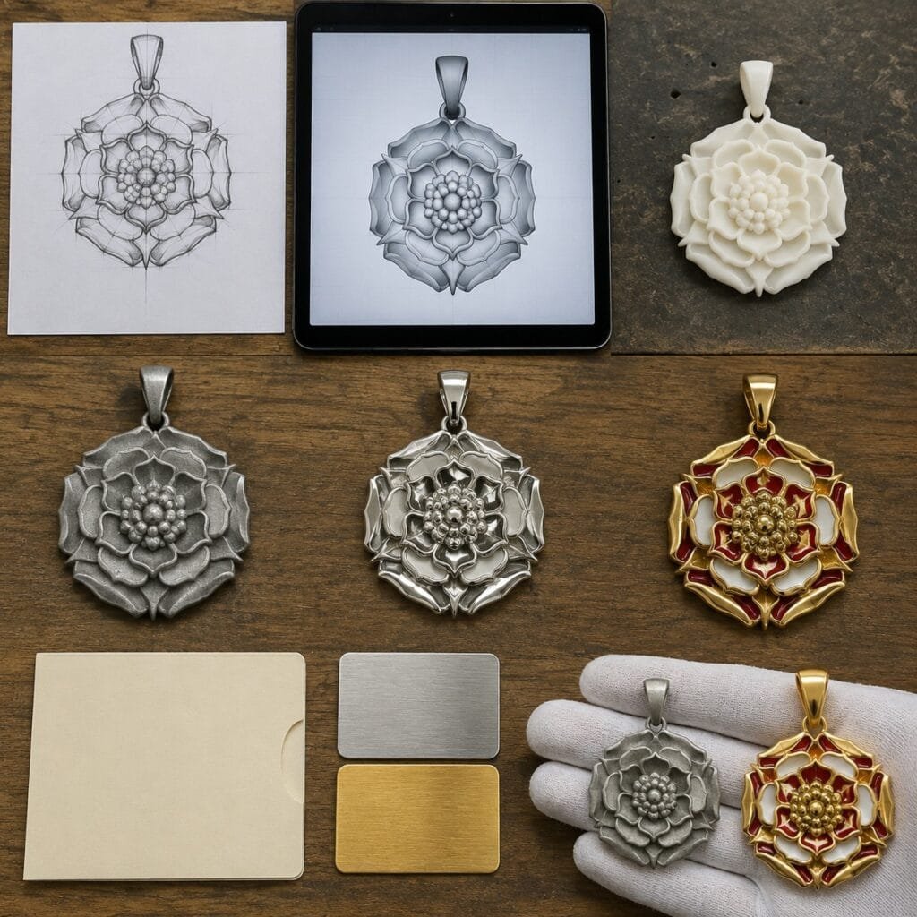 Original rose pendant progressing from artwork and CAD to production sample