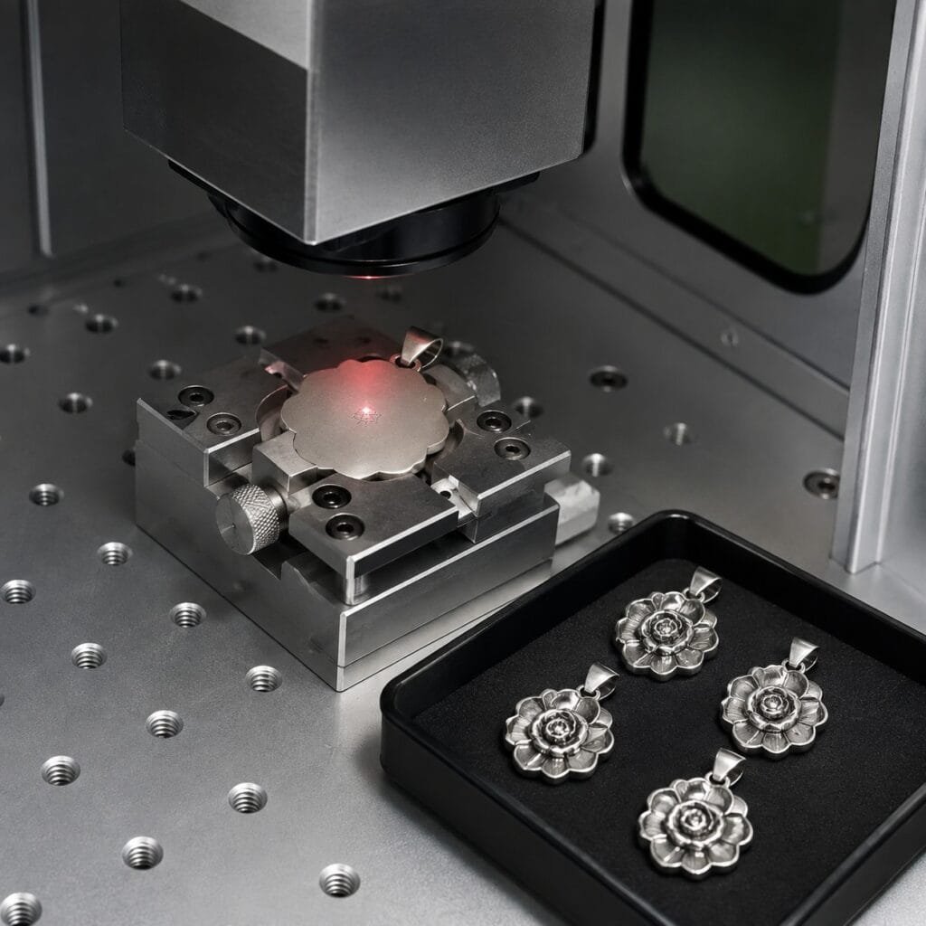 Steel rose pendant secured for controlled back-surface laser marking