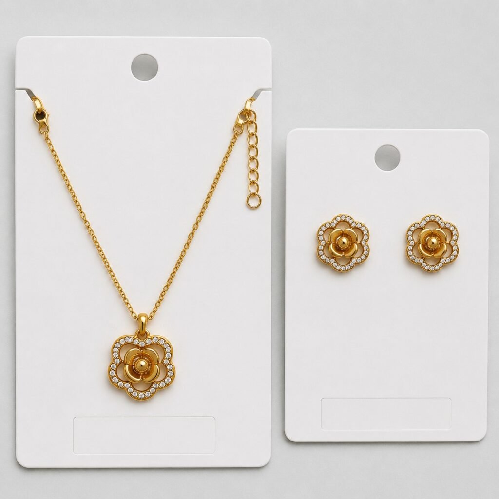 Rose necklace and stud earrings mounted on blank jewelry cards