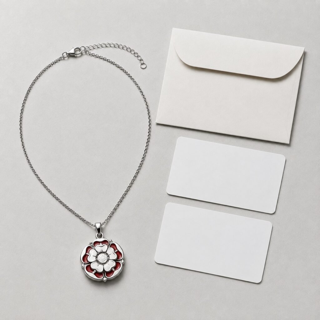Rose pendant necklace beside blank story and care cards