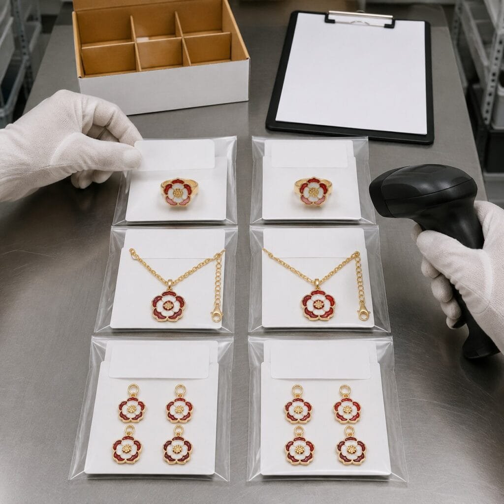 Private-label rose jewelry SKUs organized at a clean packing station