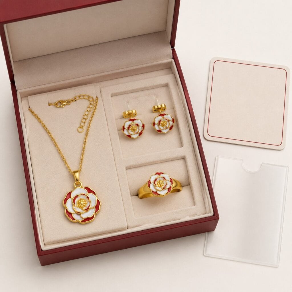 Coordinated rose necklace earrings and ring prepared as a retail set